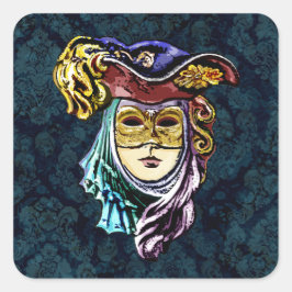 Venetisk mask på bakgrunden för Mörk Damask Fyrkantigt Klistermärke