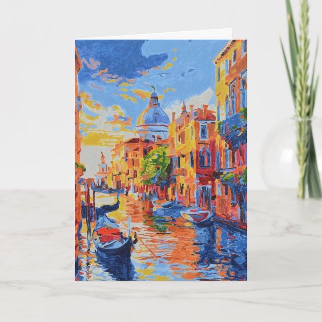 Venezianisk kanal vid solnedgångs gratulationskort helgkort (Framsida)