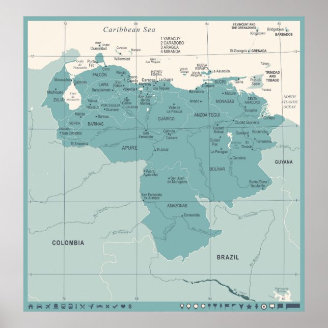 Venezuela Karta - Vintage High Detailed vintage Il Poster (Framsidan)