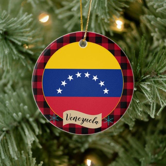 Venezuela, Red buffalo plaid & Venezuelan Flagga Julgransprydnad Keramik (Träd)