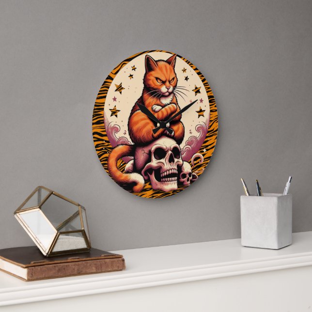 Vengeful Orange Cat, Skulls and Moon Stor Klocka (Kontor)
