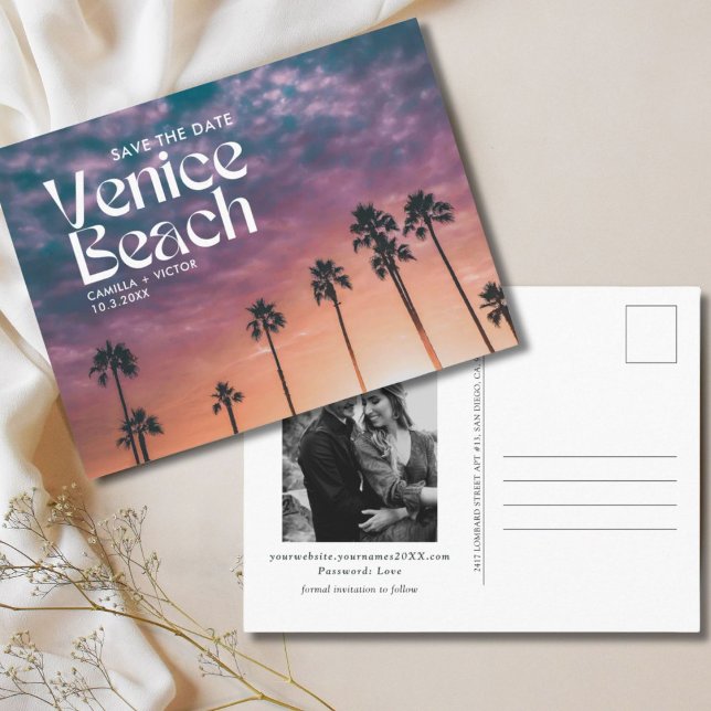 Venice Beach Bröllop Spara datum Postkort Vykort (Venice Beach Wedding Save the Date Postcard)