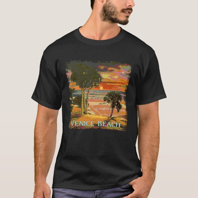 Venice Beach CA Sunset Handflatan Träd Beach Retro T Shirt (Framsida)