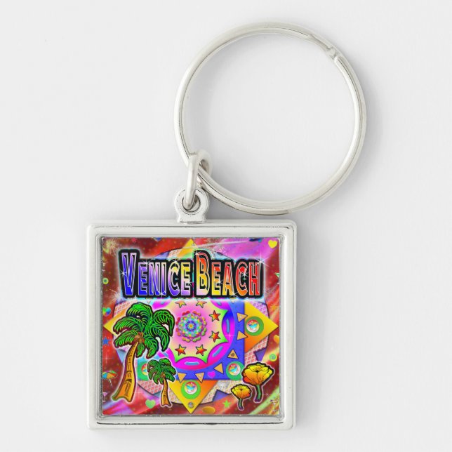 Venice Beach Tropical Friends Keychain Fyrkantig Silverfärgad Nyckelring (Framsidan)