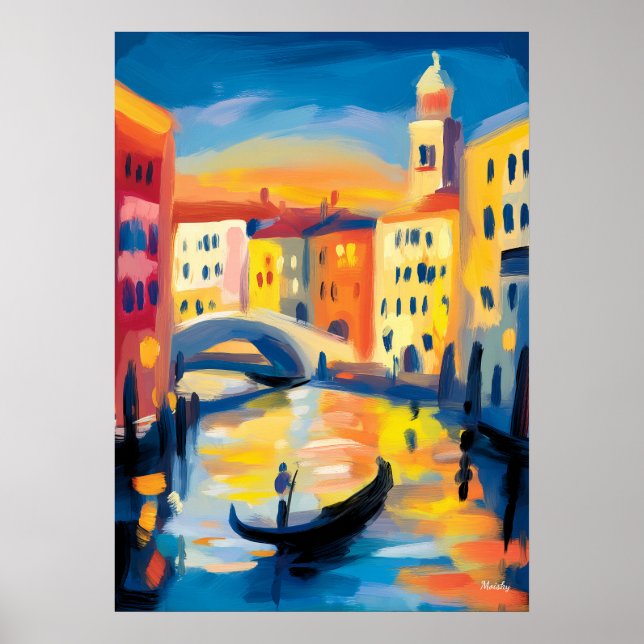 Venice Fauvist Stadsscen - Gondolkanal Färgrik  Poster (Framsidan)