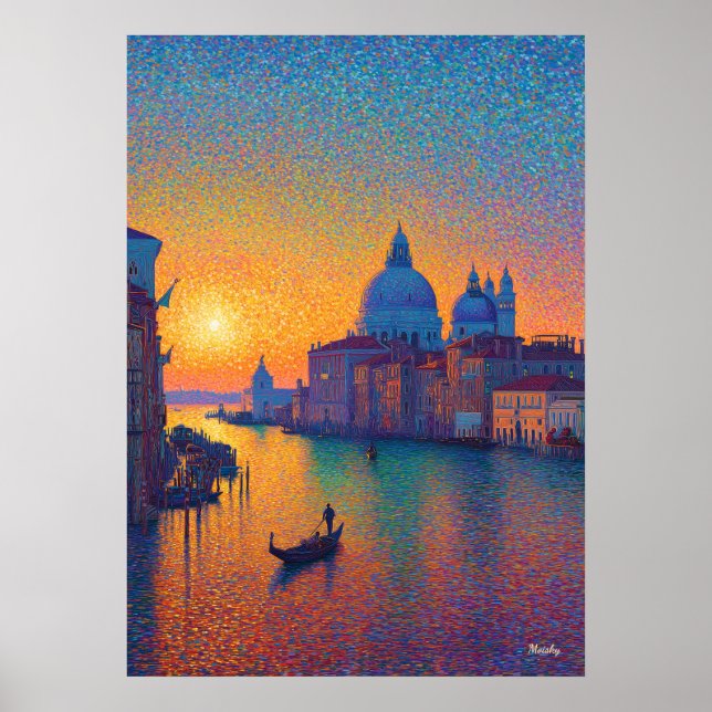 Venice Grand Canal Pointillism Sunset Art Poster (Framsidan)