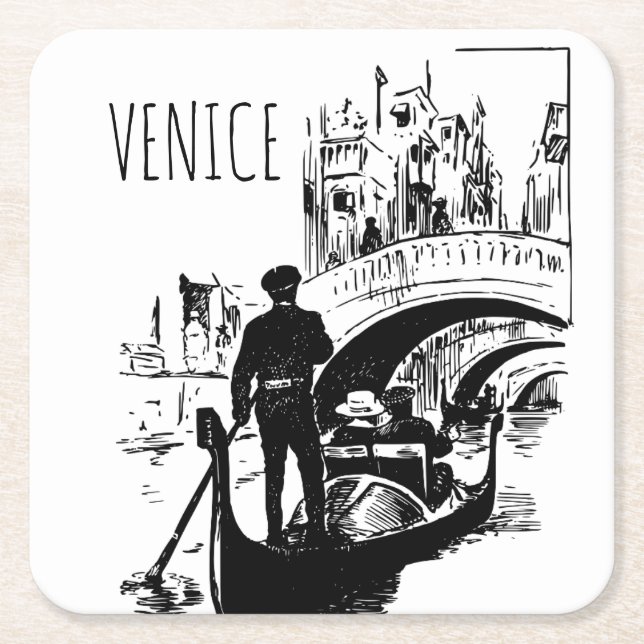 Venice Italien Gondola Black and White Drink Under Underlägg Papper Kvadrat (Framsidan)