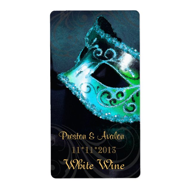 Venice Masqueraetikett Teal Vin Bröllop Fraktsedel (Framsidan)