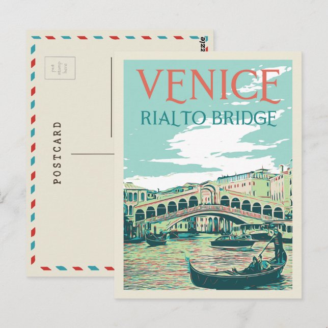 Venice Rialto bridge illustration Italien Postcard Vykort (Fram/baksida)