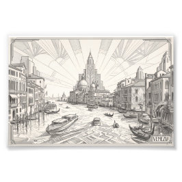 Venice Stora Kanal Vintage Art Deco Blyertstecknin Fototryck