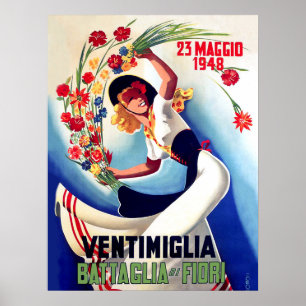 Ventimiglia, Maj, Italien, flicka på blommabud Poster