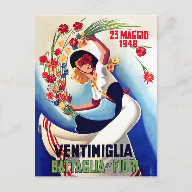 Ventimiglia, Maj, Italien, flicka på blommabudstri Vykort (Framsida)