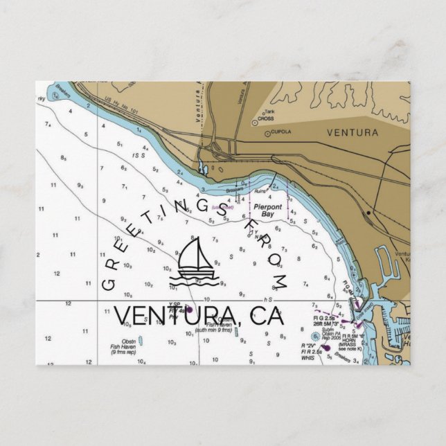 Ventura CA Nautical Diagram Vykort (Framsida)