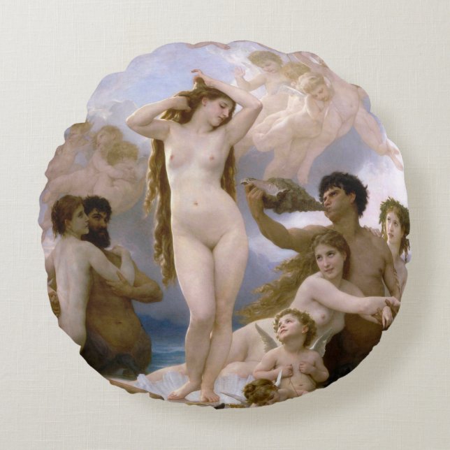 Venus födelse av William-Adolphe Bouguereau Rund Kudde (Framsidan)