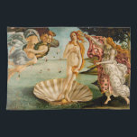 Venus födelse | Botticelli Kökshandduk<br><div class="desc">Sandro Botticellis ikoniska målning Venus födelse skildrar gudinna Venus från havet på en snäcka som symboliserar hennes födelse. Hon är omgiven av mytologiskt figurer, med sitt långa, blommande hår och mjuka, eteriska uttryck som präglas av skönhet och ära. Målningen är berömd för sin harmoniska sammansättning, för det pulserande färg och...</div>