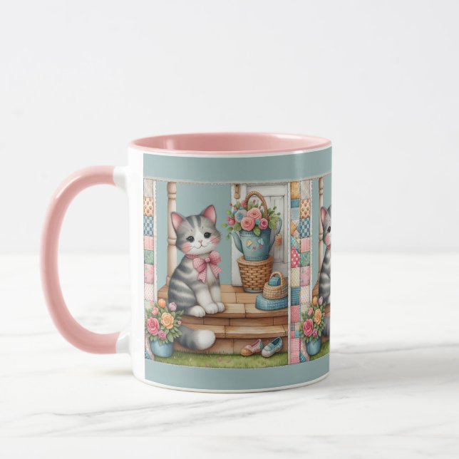 Veranda Katt Blommig Lapptäcke Scen Mugg (Vänster)