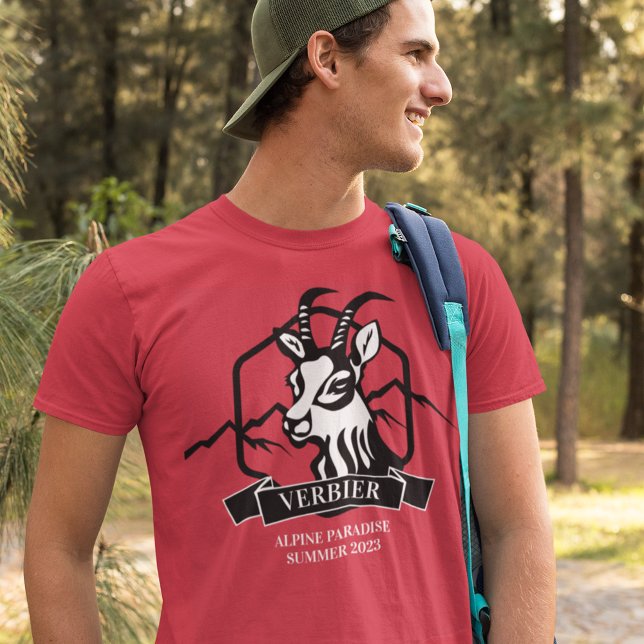 Verbier Alpinist Chamois Mountain Goat T Shirt (All the texts, the color of the shirt and the two colors of the graphic are customizable.)