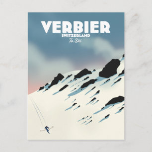 Verbier Schweiz skid resa affisch konsttryck. Vykort