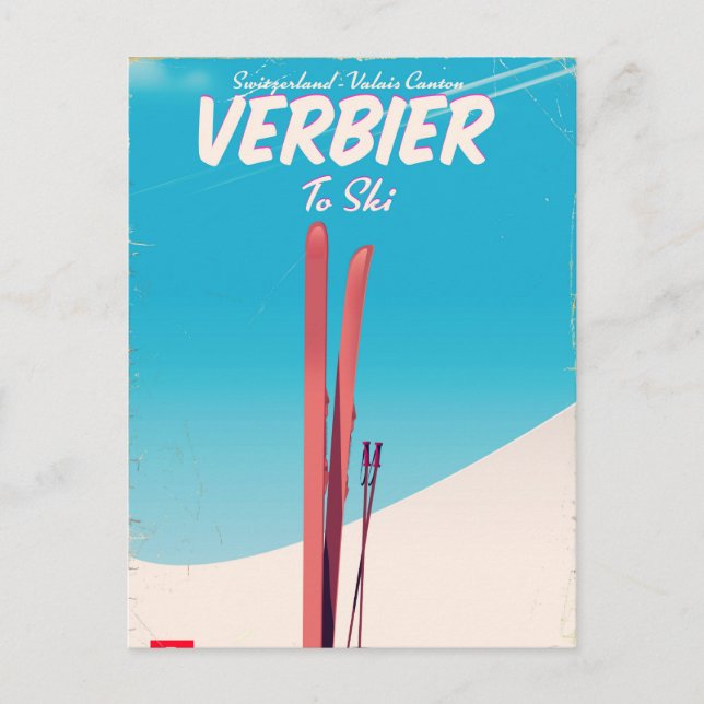 Verbier, Schweiz vintage skidreseaffisch. Vykort (Framsida)
