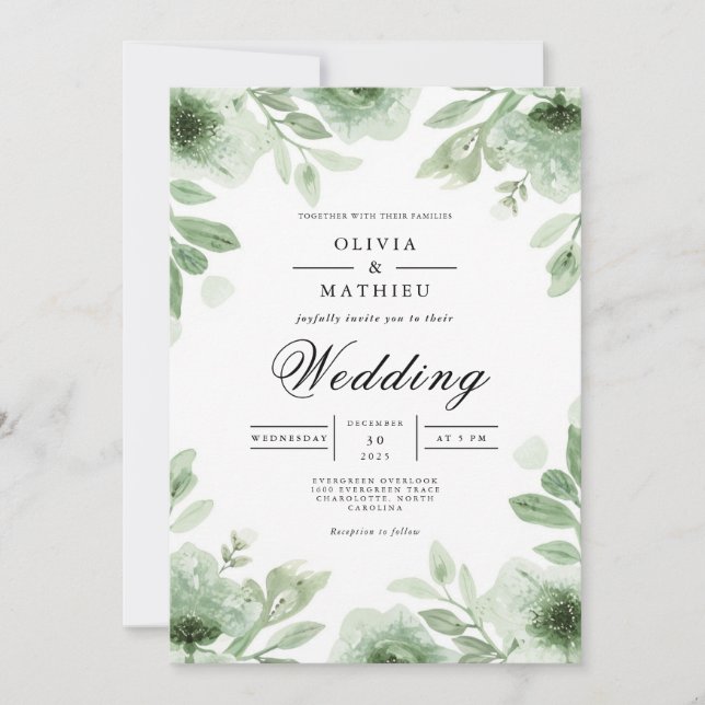 Verdant Bloom Botanical Romantik Bröllop Inbjudningar (Framsida)