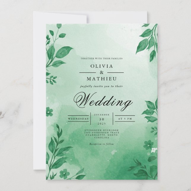 Verdant Löv Watercolor Bröllop Inbjudningar (Framsida)