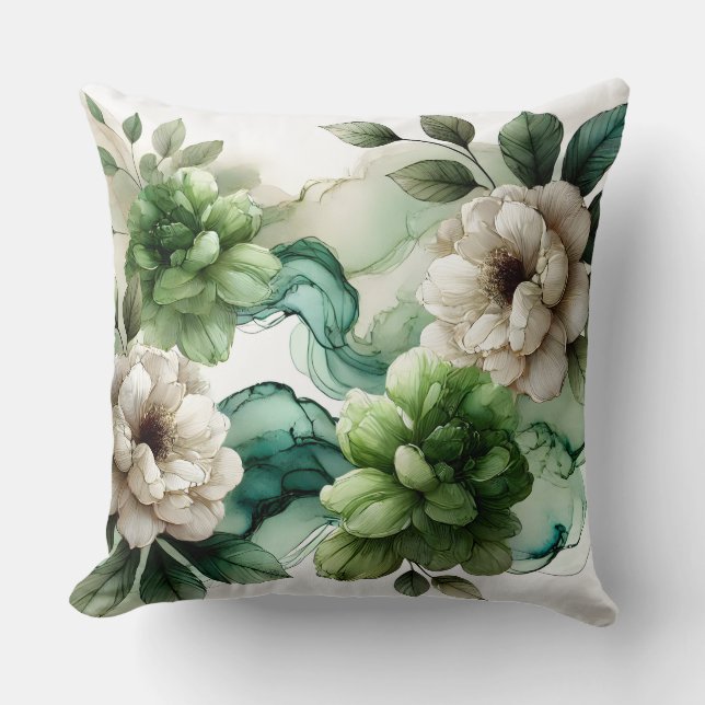 "Verdant Serenity: Abstrakt Grönt Blommigt Art" Kudde (Framsida)