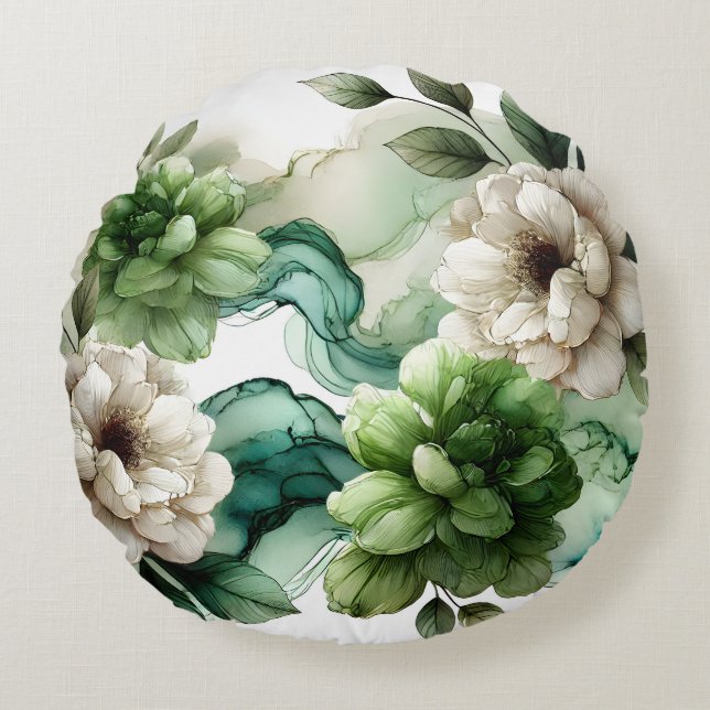 "Verdant Serenity: Abstrakt Grönt Blommigt Art" Rund Kudde (Framsidan)