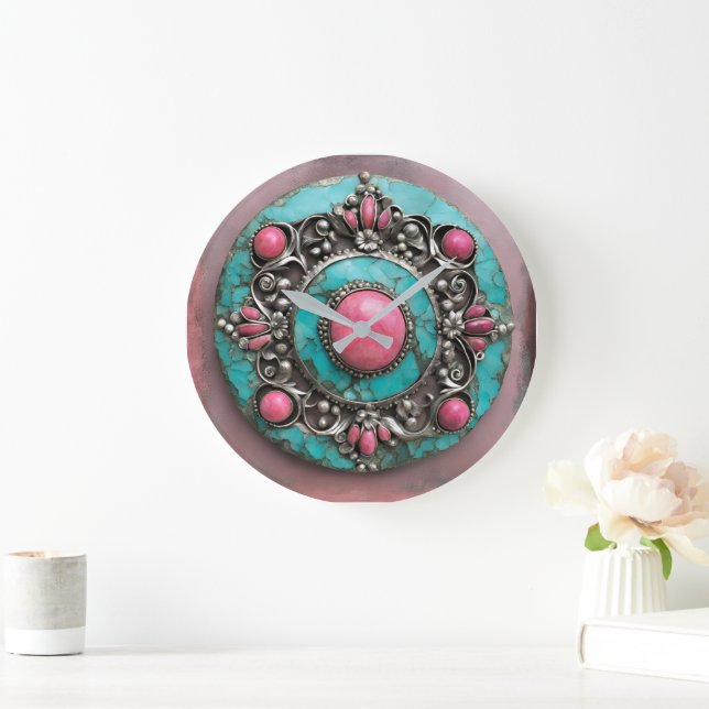 Verdigris and pink pearl metal art stor klocka (Hem)