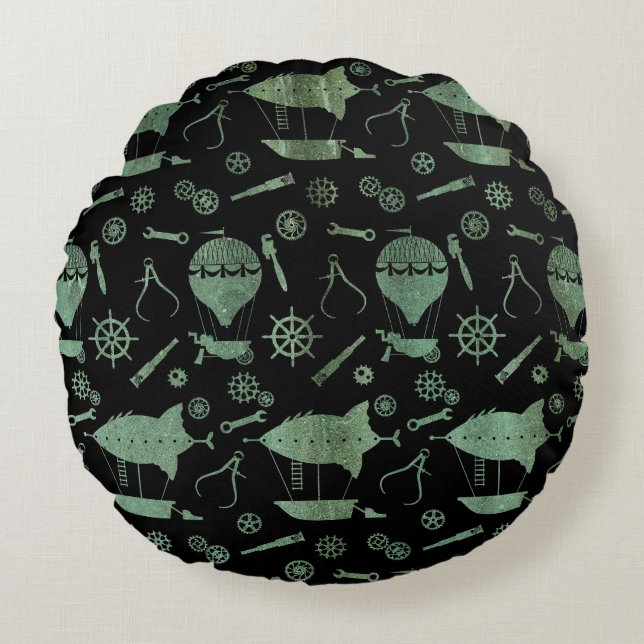 Verdigris Brons Steampunk Luftskepp Tema Rund Kudde (Framsidan)