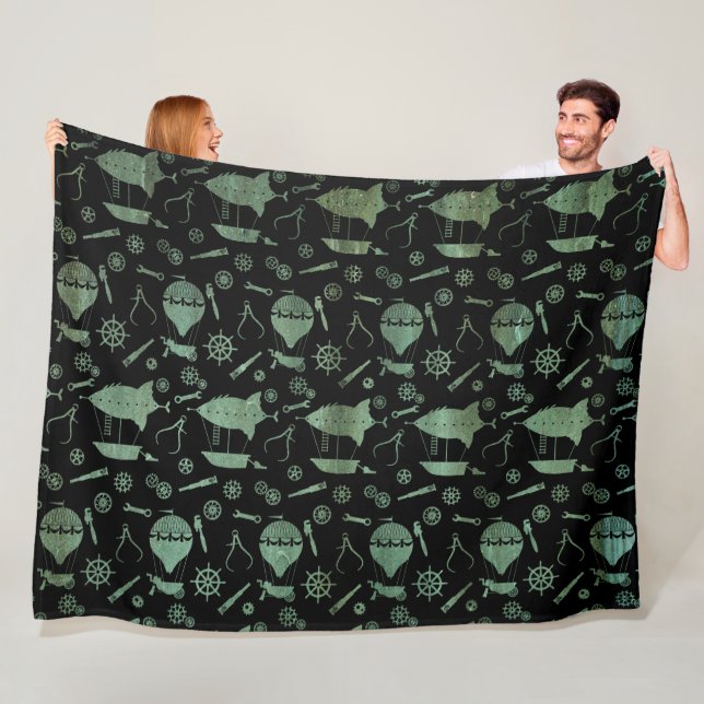 Verdigris Bronze Steampunk Airships Theme Fleecefilt (På plats)