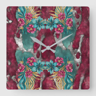 Verdigris & Pink Florals with Metallic Gold Fyrkantig Klocka