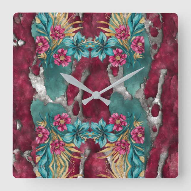 Verdigris & Pink Florals with Metallic Gold Fyrkantig Klocka (Framsida)