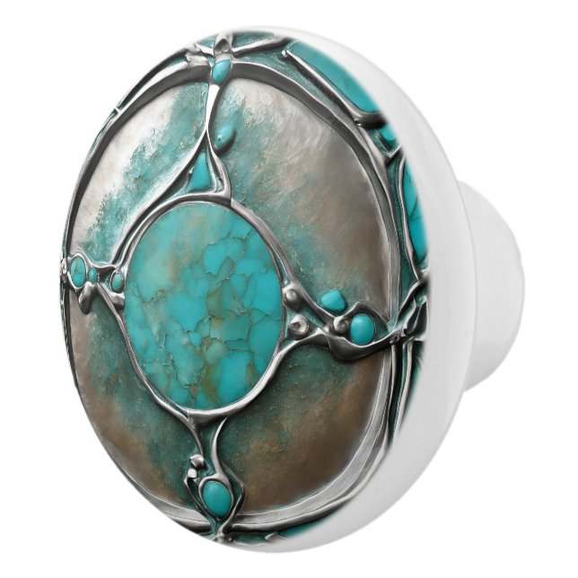 Verdigris Turquoise & Silver Art Deco  Knopp (Höger)