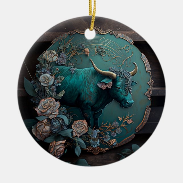 Verdigris Zodiac Taurus Metall Art Julgransprydnad Keramik (Framsidan)