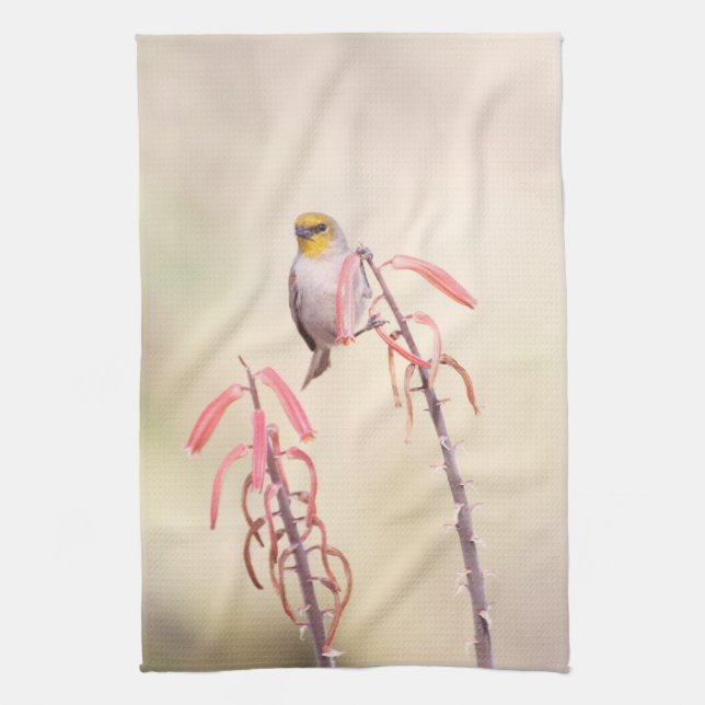 Verdin sitter på penstemon kökshandduk (Vertikal)