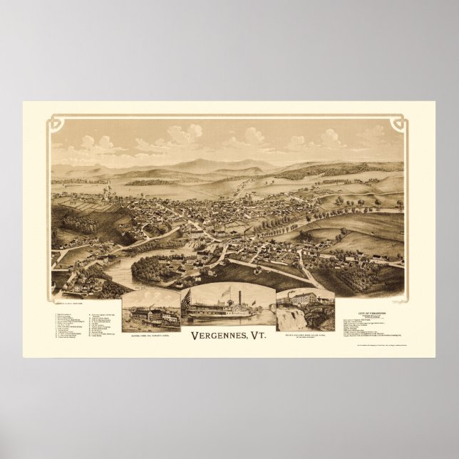 Vergennes, VT Panoramic Karta - 1890 Poster (Framsidan)