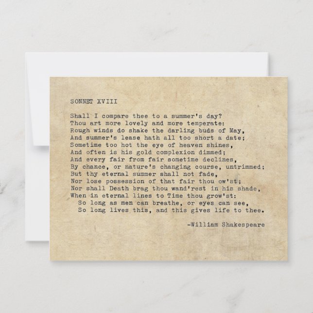 Verklig skrivmaskin Shakespeare Sonett 18 (XVIII) Inbjudningar (Baksida)
