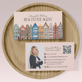 Verkliga Gods Agent Watercolor Houses QR-kod Visitkort