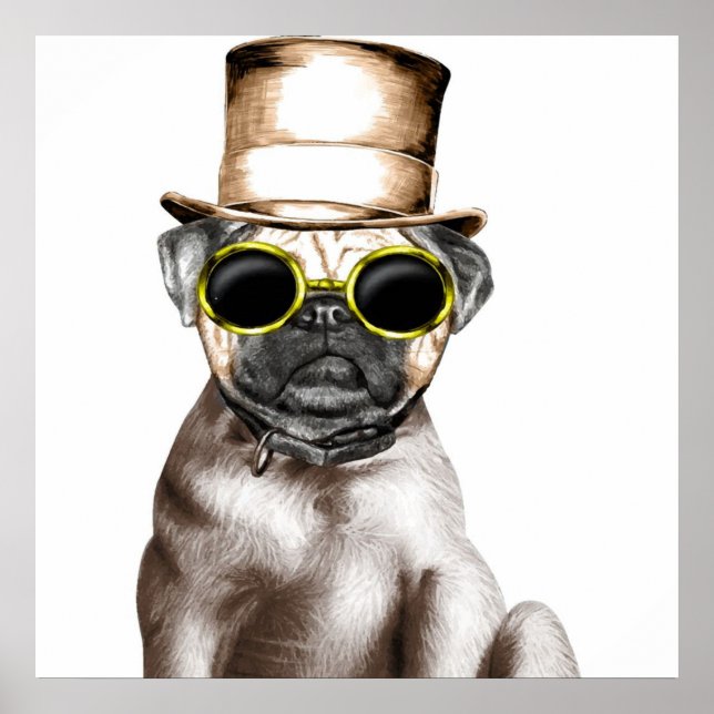 Verkligen Cute Steam Pug with Glass Poster (Framsidan)