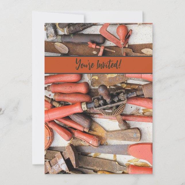 Verktyg Antique Rustic Red Man Verktyg Inbjudningar (Framsida)