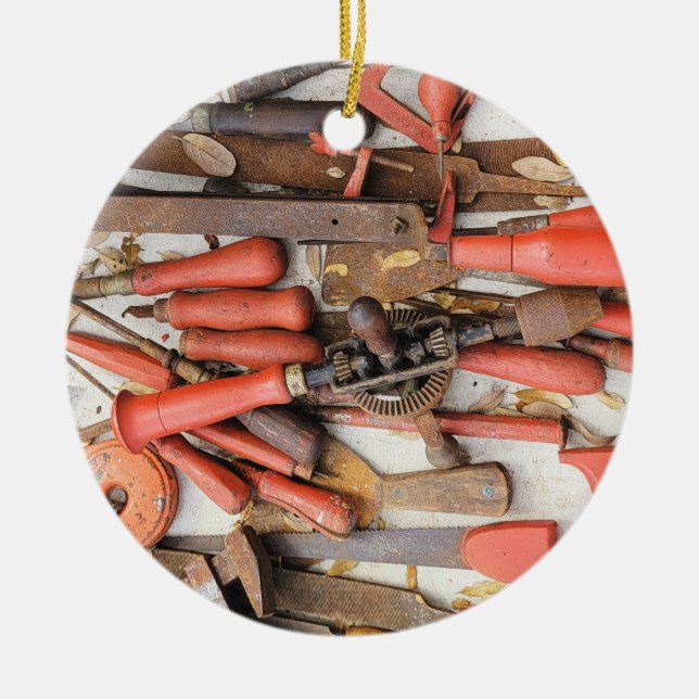 Verktyg Antique Rustic Red Man Verktyg Julgransprydnad Keramik (Framsidan)