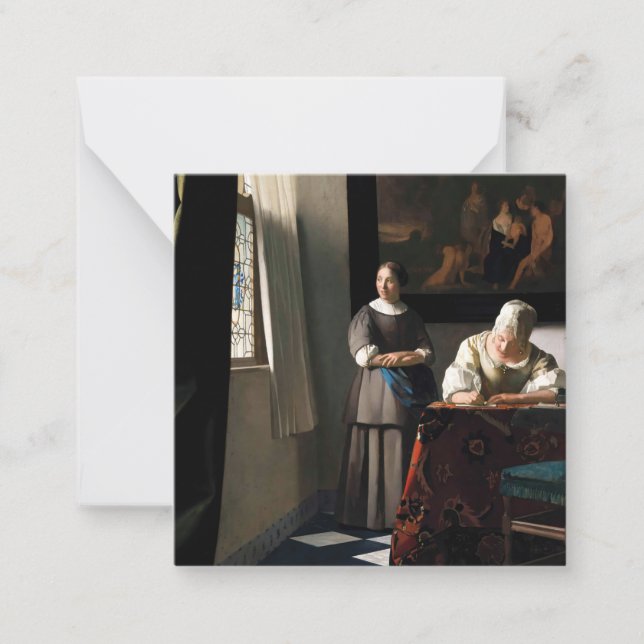 Vermeer - Dam skriver ett Brev med sitt Maid Anteckningskort (Framsida)