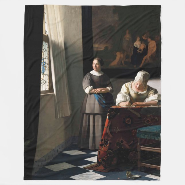 Vermeer - Dam skriver ett Brev med sitt Maid Fleecefilt (Framsidan)