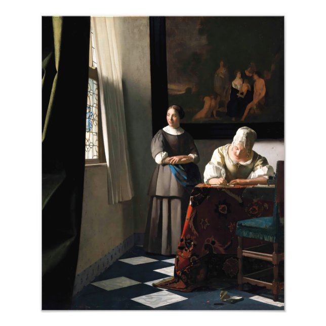 Vermeer - Dam skriver ett Brev med sitt Maid Fototryck (Framsidan)