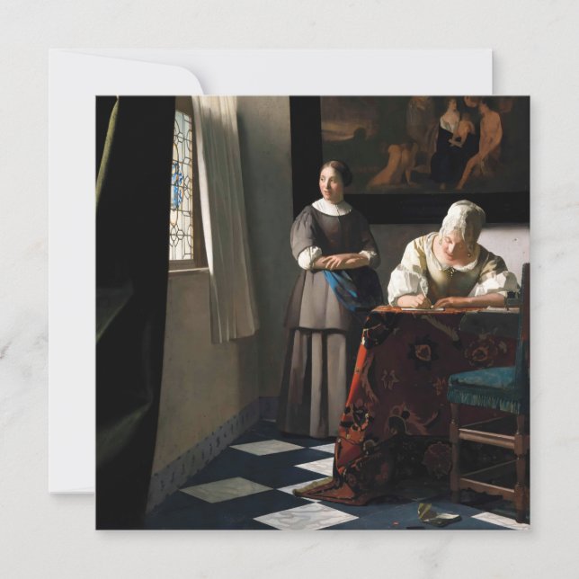 Vermeer - Dam skriver ett Brev med sitt Maid Inbjudningar (Framsida)