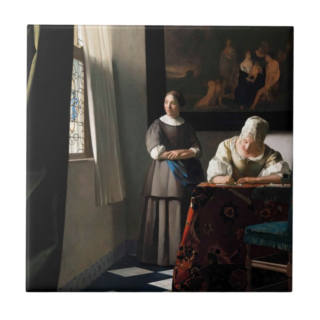 Vermeer - Dam skriver ett Brev med sitt Maid Kakelplatta (Framsidan)