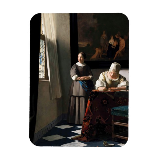 Vermeer - Dam skriver ett Brev med sitt Maid Magnet (Vertikal)
