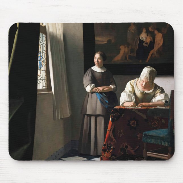 Vermeer - Dam skriver ett Brev med sitt Maid Musmatta (Framsidan)