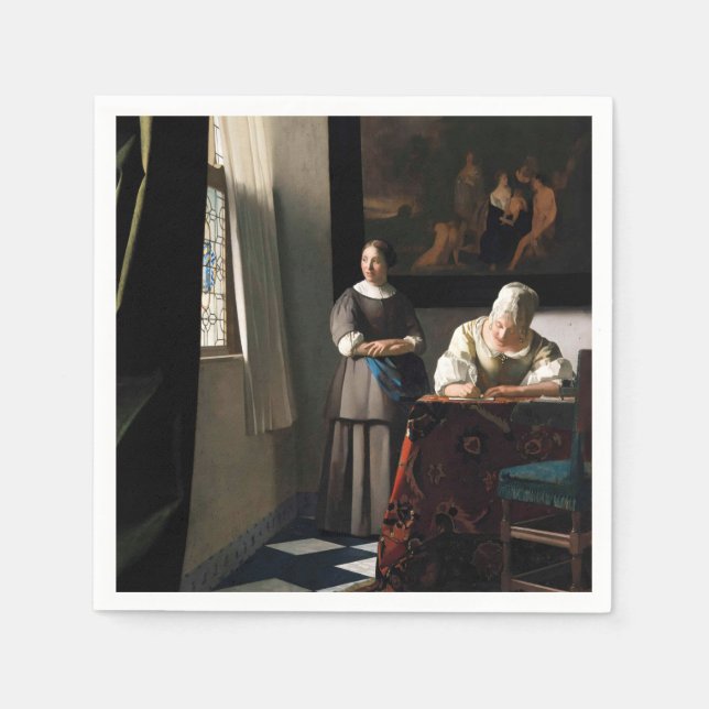 Vermeer - Dam skriver ett Brev med sitt Maid Pappersservett (Framsidan)