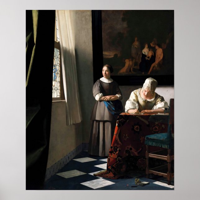 Vermeer - Dam skriver ett Brev med sitt Maid Poster (Framsidan)